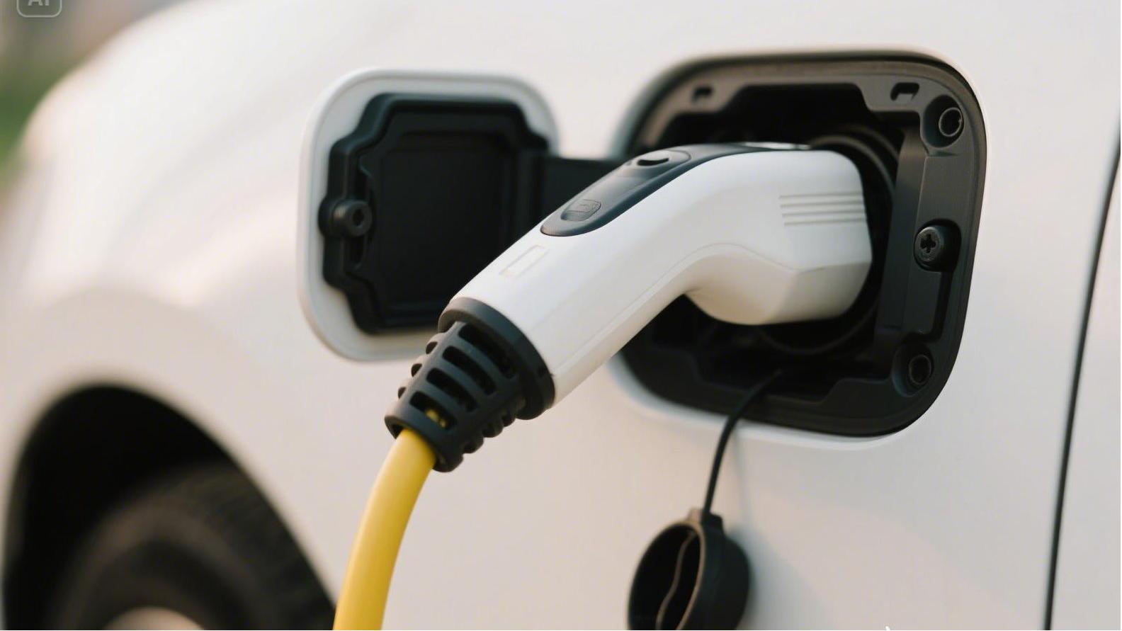 充電樁充電槍插在車上的特寫，寫實一些